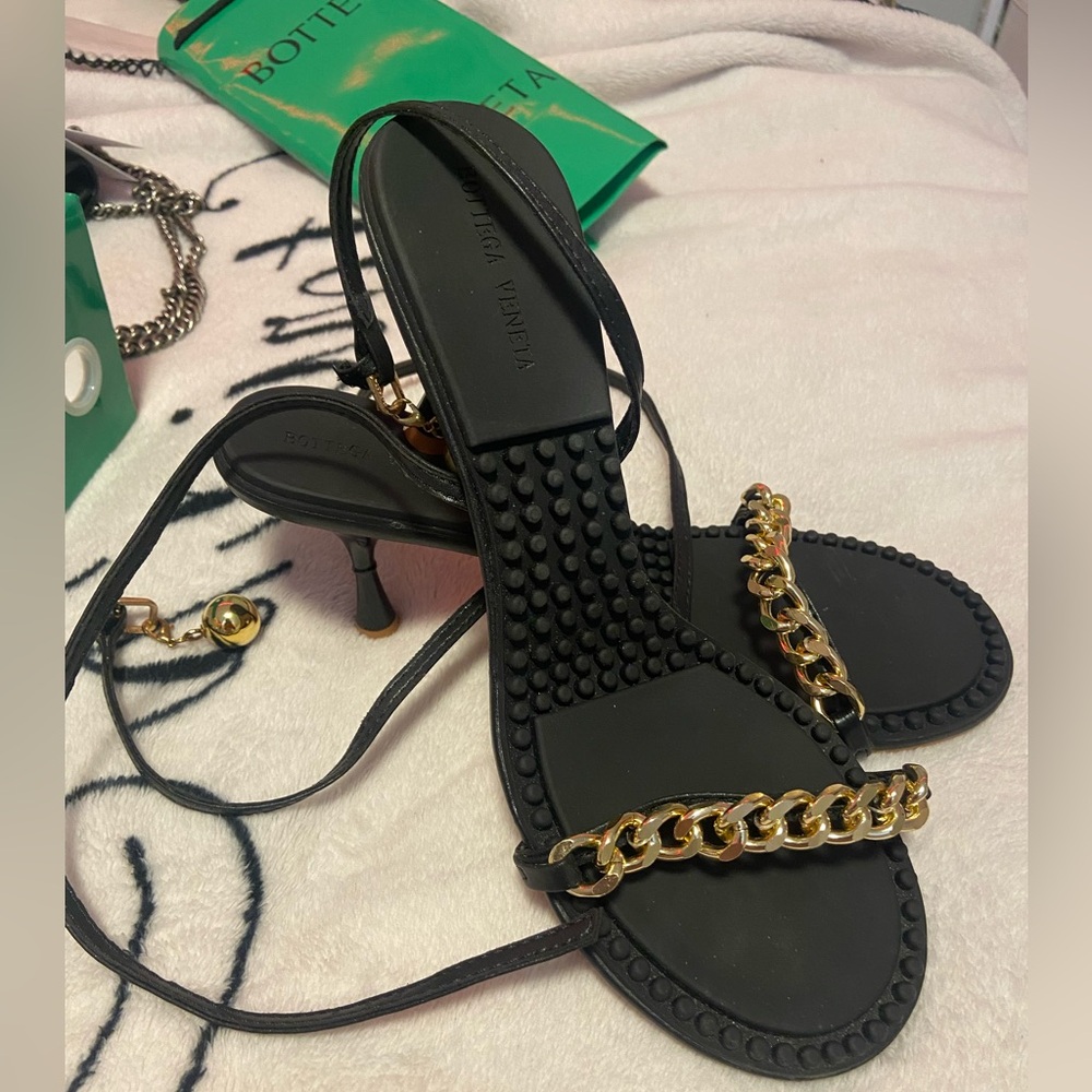 Bottega Veneta Black Sandals with Gold Chain Accent